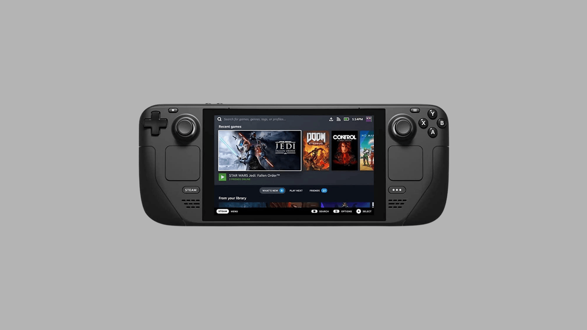 Valve Steam Deck handheld gaming device displaying the Steam library with game titles on screen