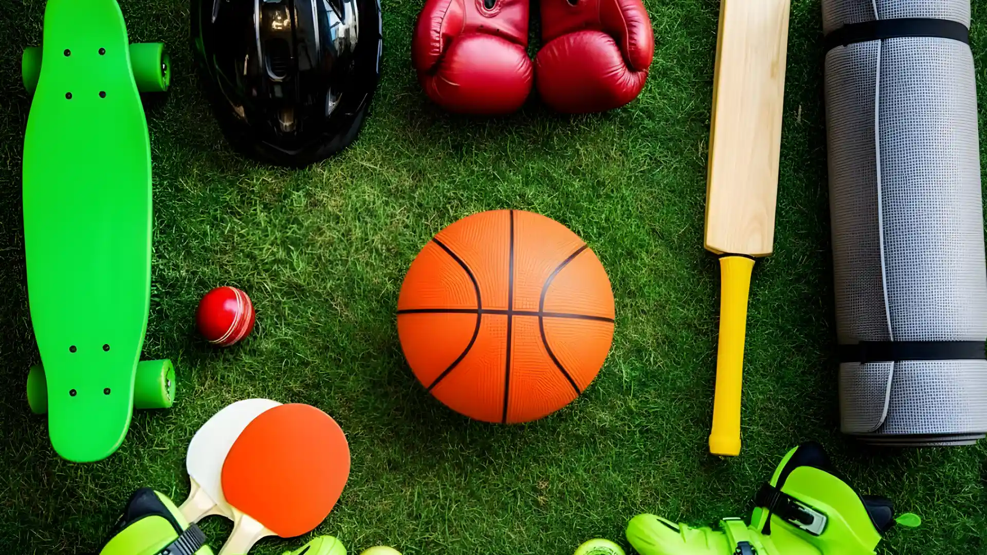 Various sports equipment on grass including skateboard helmet, boxing gloves, basketball, cricket bat, yoga mat and skates