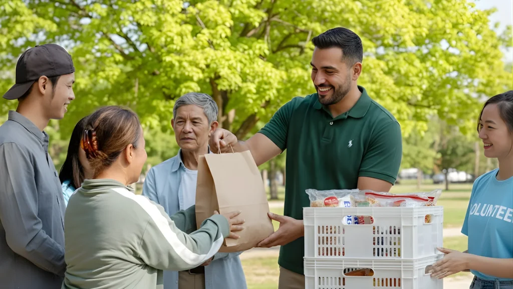 Volunteers distributing food bags to community members in a park, with crates of supplies and smiling faces under green trees