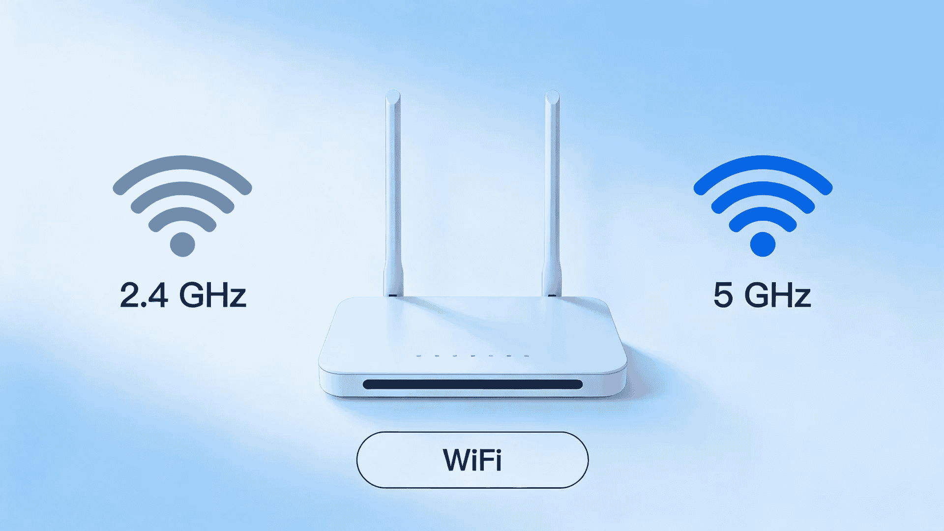WiFi router showing 2.4 GHz and 5 GHz signals for better speed and coverage across connected devices