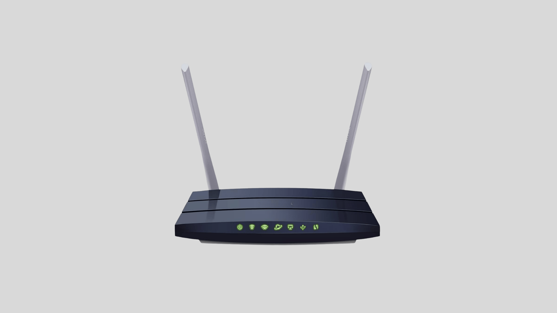 WiFi router with dual antennas and front LED indicators showing power, internet, and wireless status