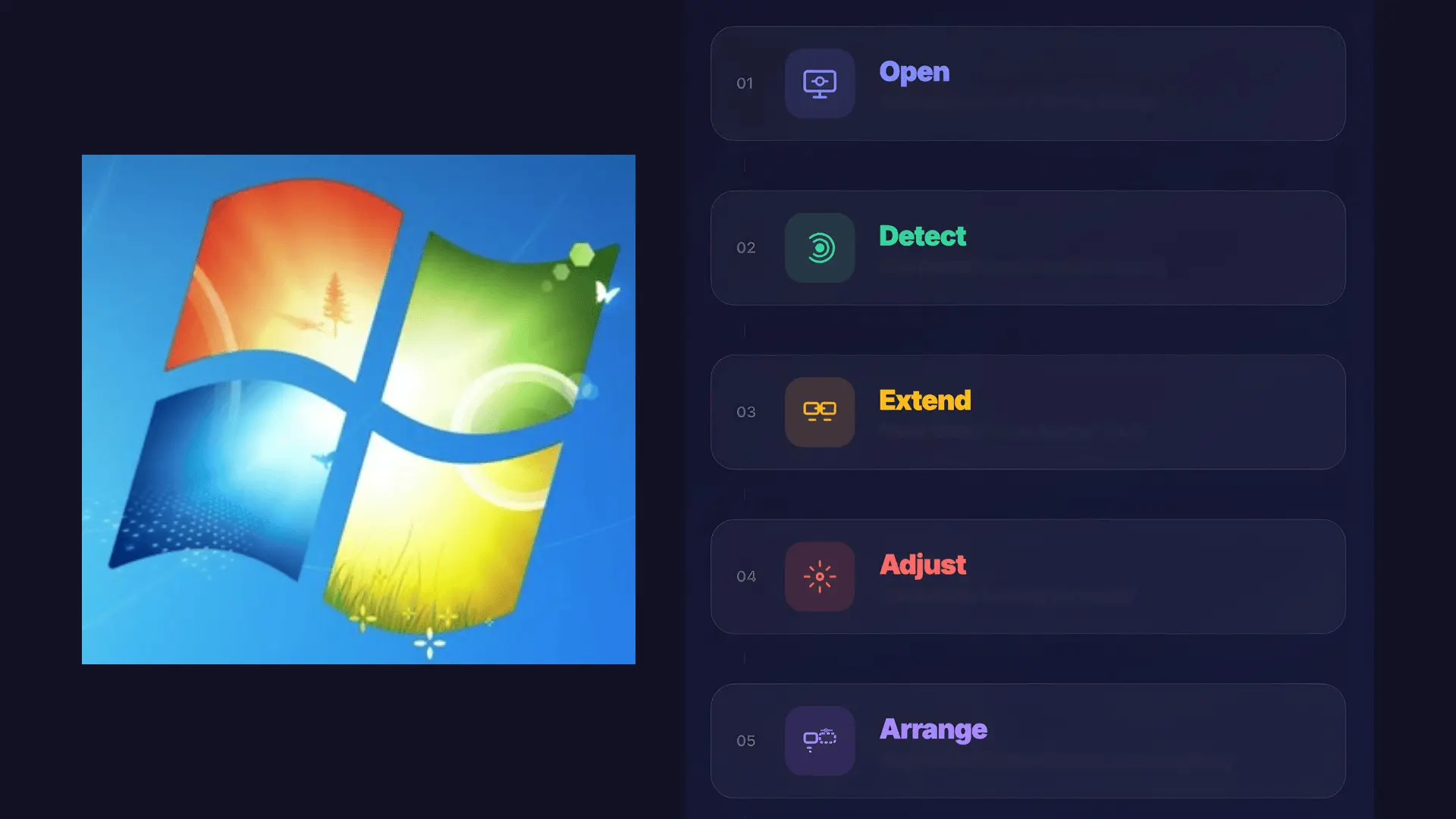 Windows dual monitor setup infographic showing steps to detect displays, enable extend mode, adjust scaling, and arrange screens