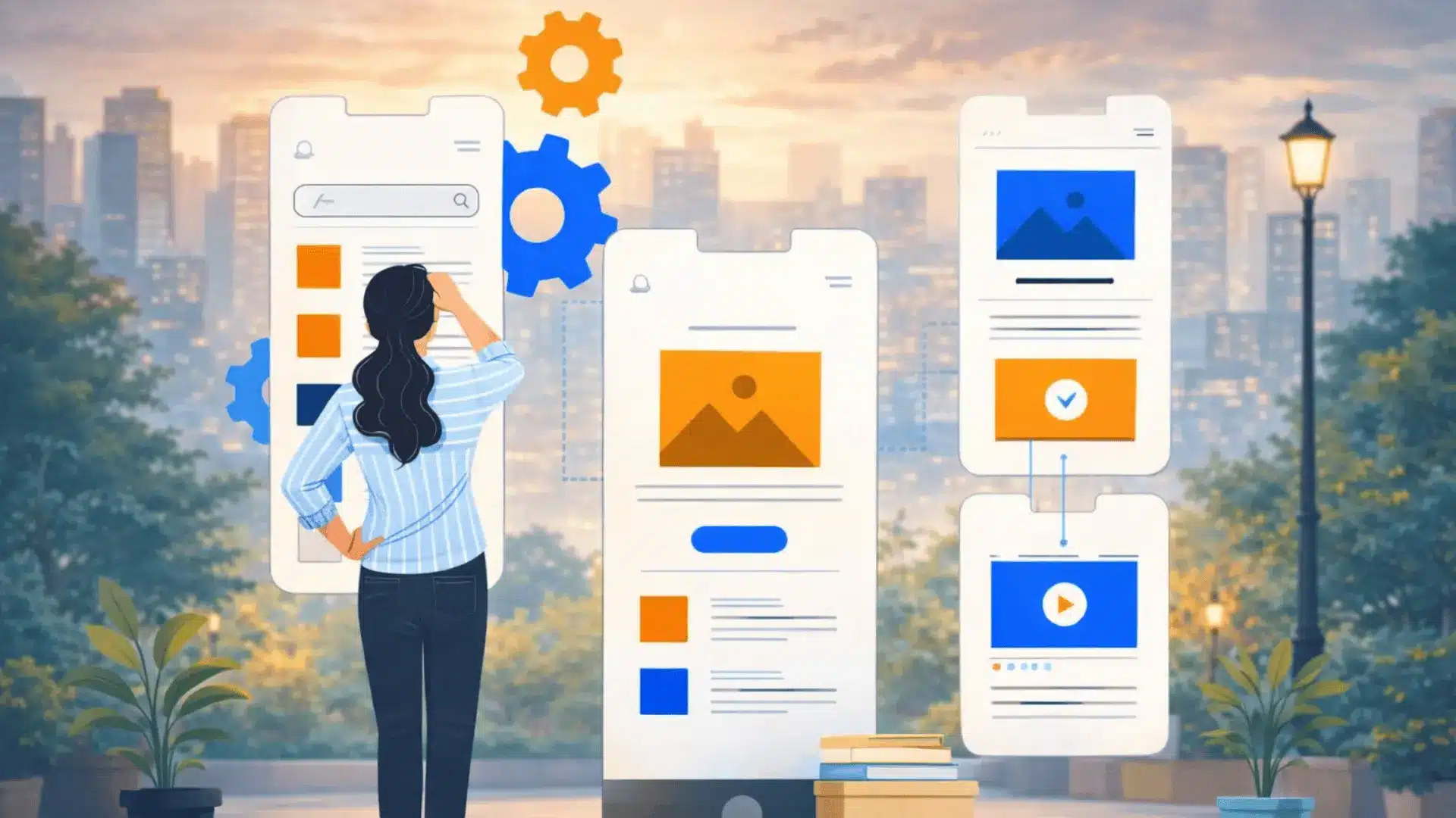 Woman reviewing mobile app interface mockups with UI elements and gear icons in modern workspace setting
