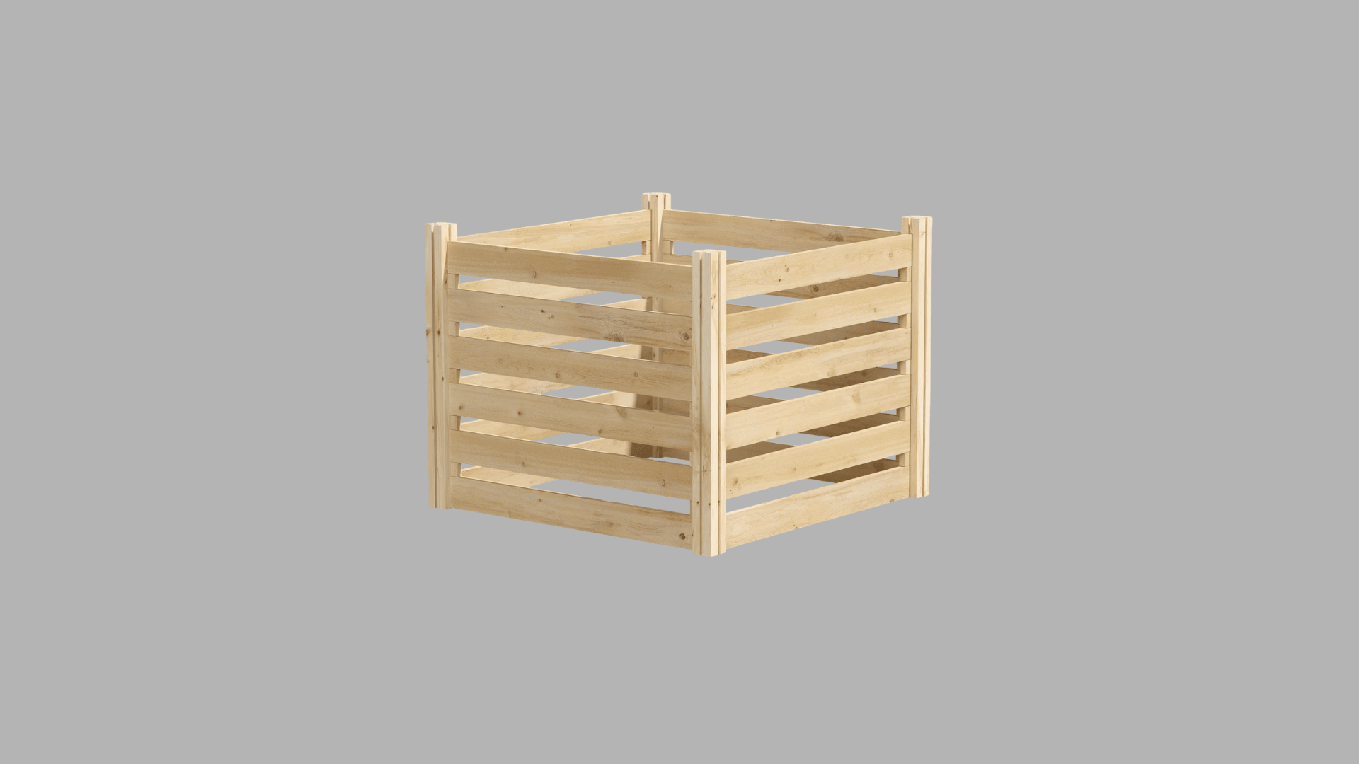 Wooden outdoor compost bin with slatted design for airflow, suitable for garden and backyard composting use