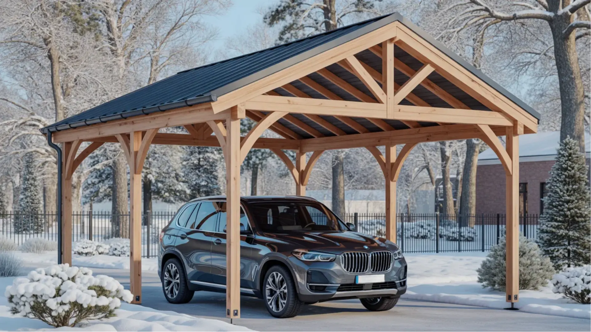 Wooden carport with metal roof sheltering SUV in snowy yard surrounded by trees and fence