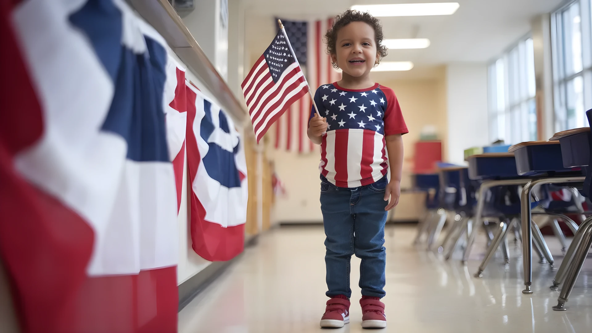 Young child wearing stars and stripes shirt holding American flag in decorated school hallway