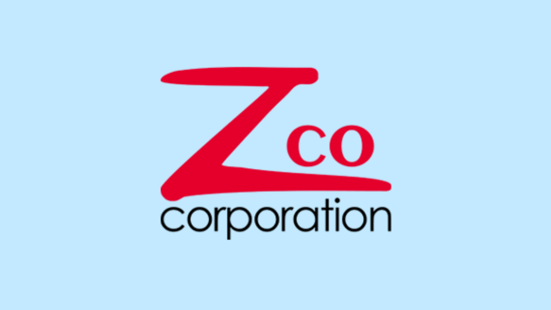 Zco Corporation logo with large red Z and Co text above black corporation wordmark on a light blue background