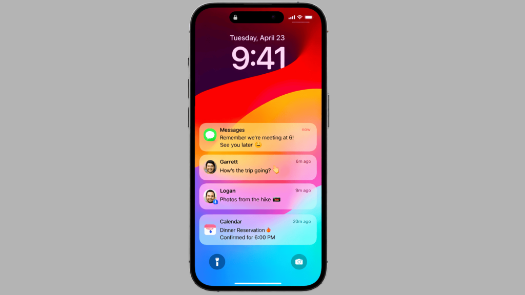 iPhone Lock Screen showing stacked message notifications with contact photos, calendar alert, and colorful gradient wallpaper background