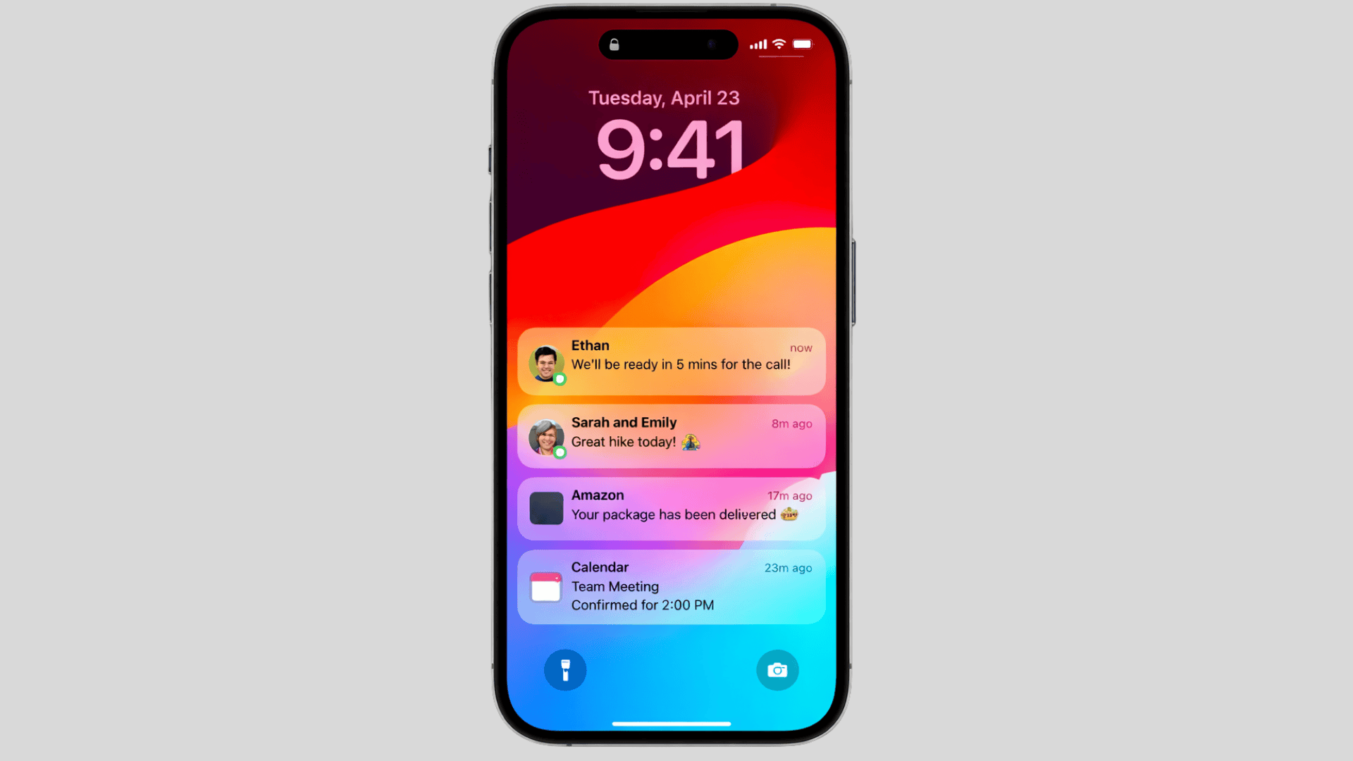 iPhone Lock Screen showing stacked notifications with contact photos, Amazon delivery alert, and calendar meeting on a colorful gradient background