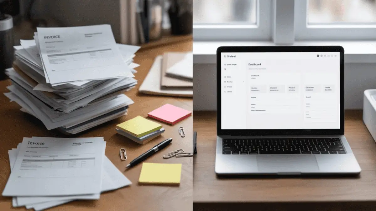 Stack of invoices and laptop showing dashboard on wooden desk with office supplies nearby