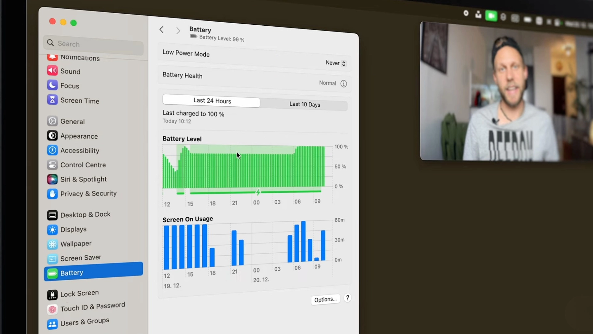 macOS Battery settings panel showing battery level graph and sleep control options in System Settings