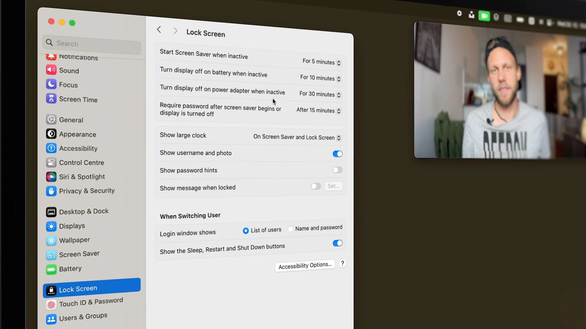 macOS Lock Screen settings showing display off timing and password options in System Settings
