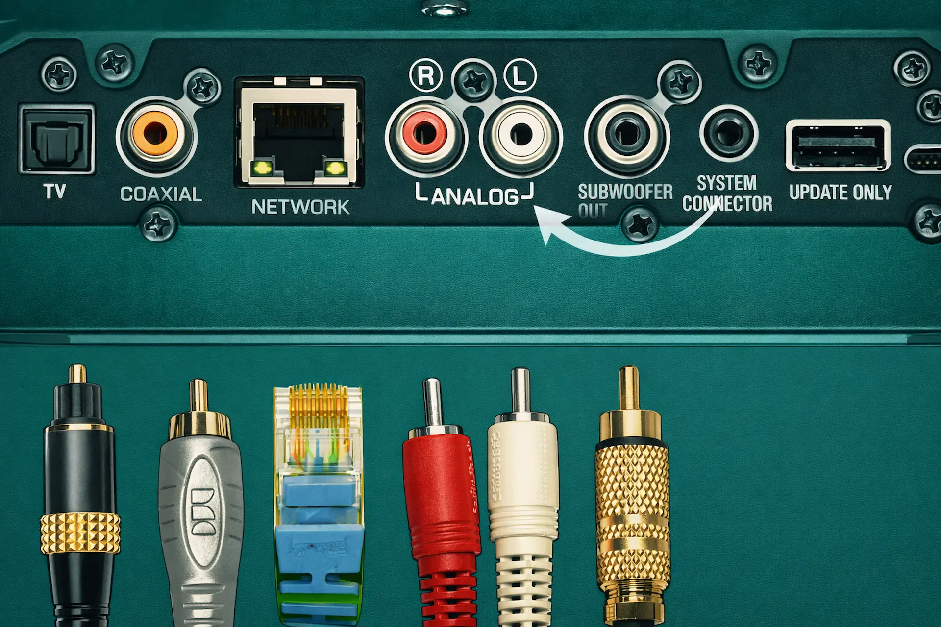 soundbar pnael with options and wires on a teal background