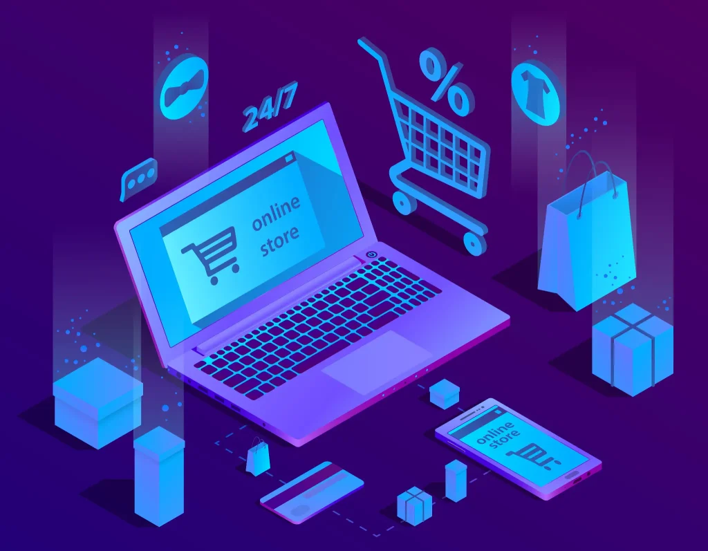 Laptop and smartphone displaying online store interface with shopping icons in vibrant purple setting