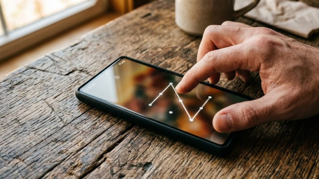 A close-up shot of a smartphone lying on a rustic wooden table, displaying an Android pattern lock screen