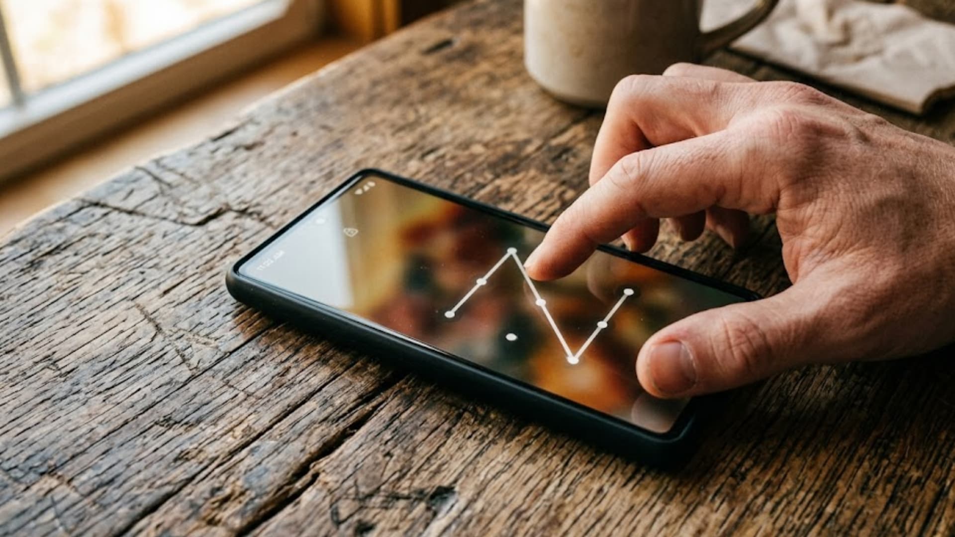 A close-up shot of a smartphone lying on a rustic wooden table, displaying an Android pattern lock screen