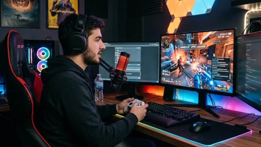 A gamer wearing a headset sitting at a RGB gaming desk setup, speaking into a gaming microphone while playing a game