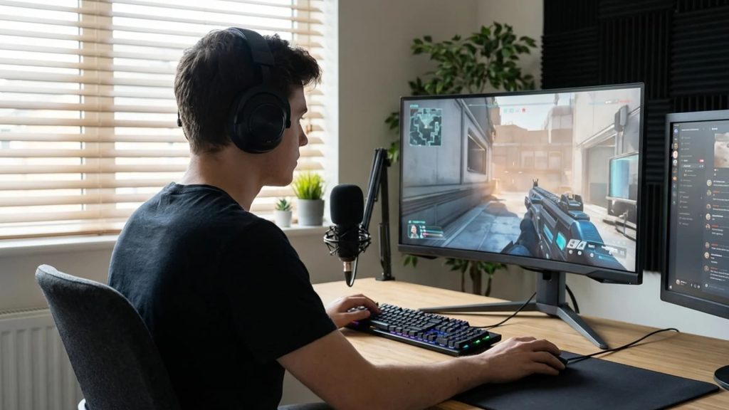 A high-resolution 169 image of a young person sitting at a modern desk, wearing large over-ear headphones while playing a first-person shooter game on a computer