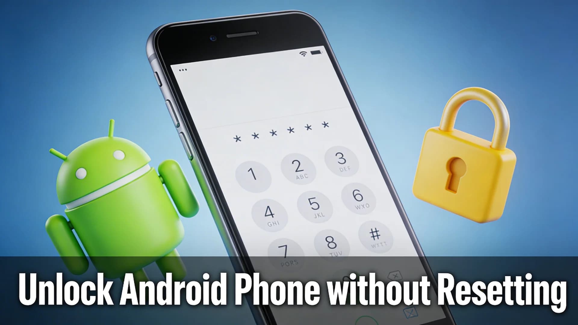 A modern Android smartphone centered on a smooth blue gradient background, displaying a dial pad screen with hidden passcode input (asterisks visible)