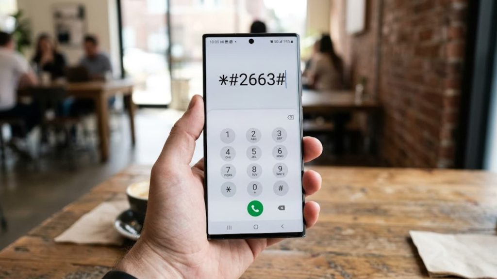A modern Samsung smartphone screen showing a dialer with the code _#2663 typed in generate an image