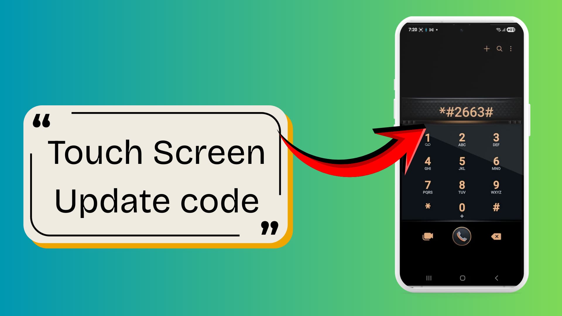 A modern smartphone with blue lighting, showing a dialer screen and the code #2663#