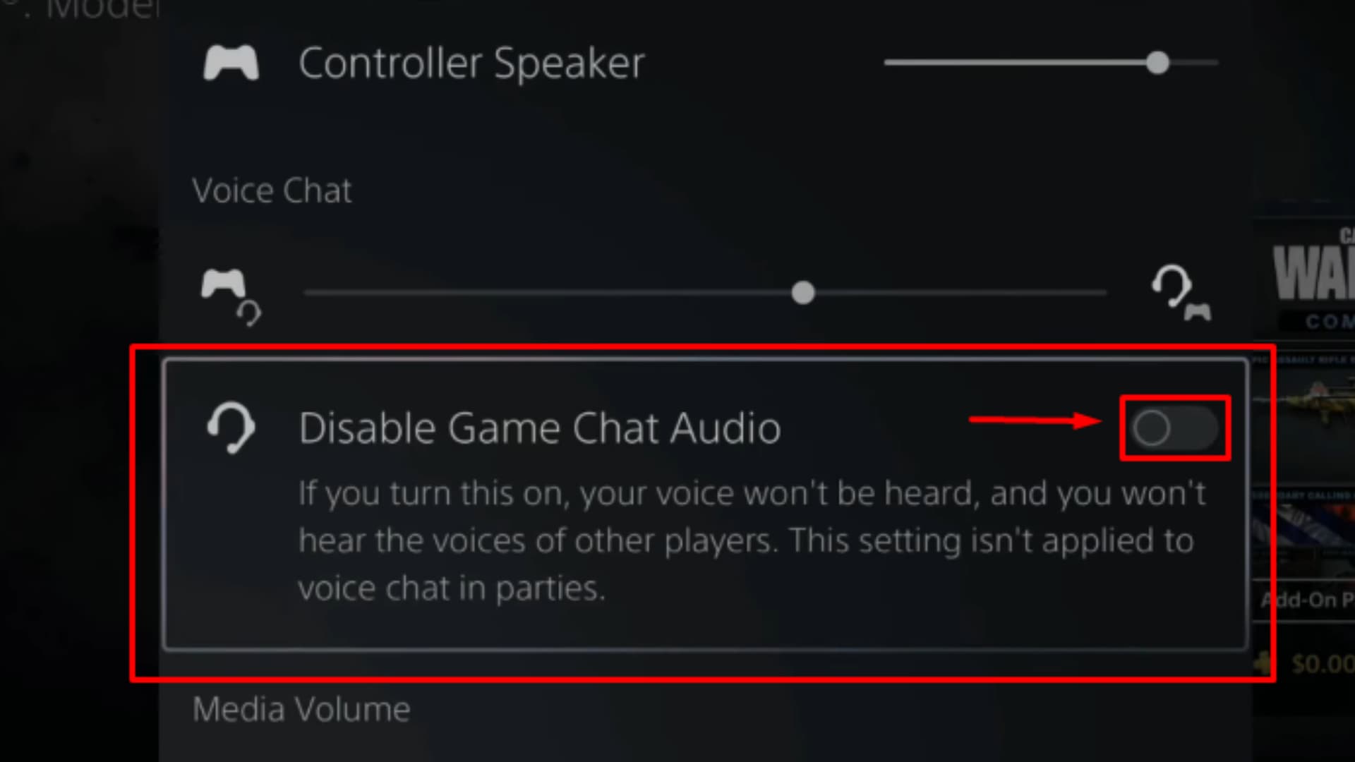 A red arrow pointing to the _Disable Game Chat Audio_ toggle on a PlayStation menu