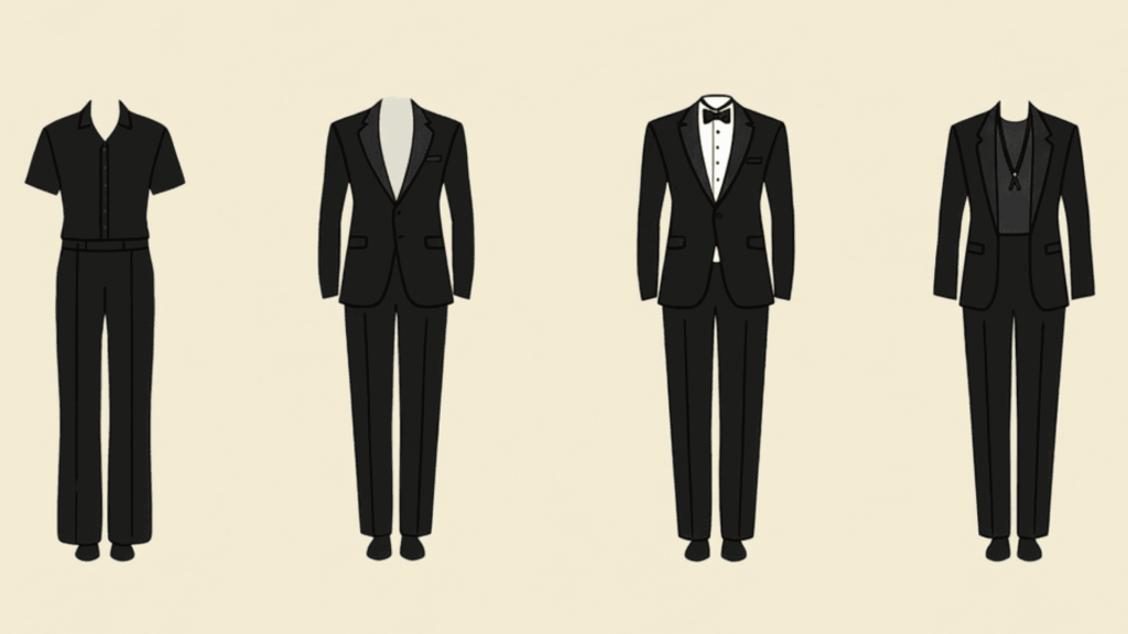 A vector illustration of four men's formal outfits on a beige background
