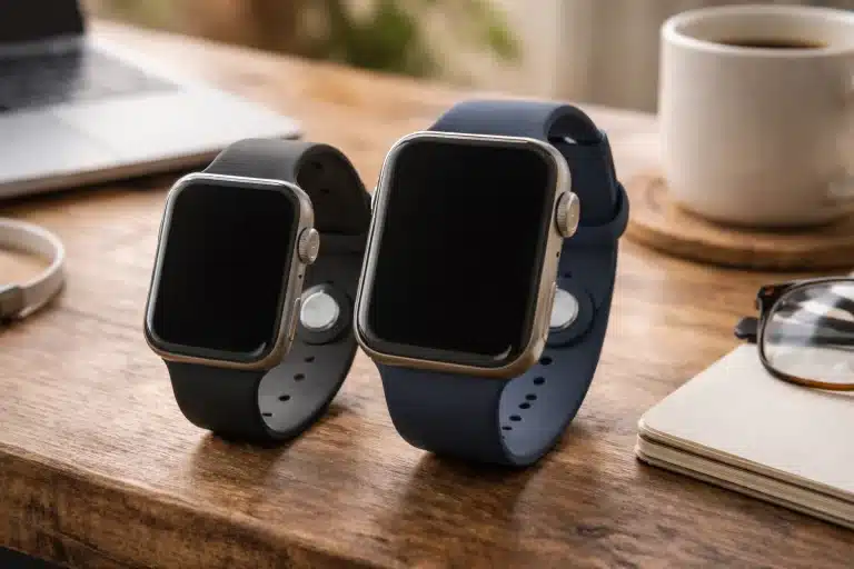 Apple Watch 40mm and 44mm models side by side with sport bands on desk