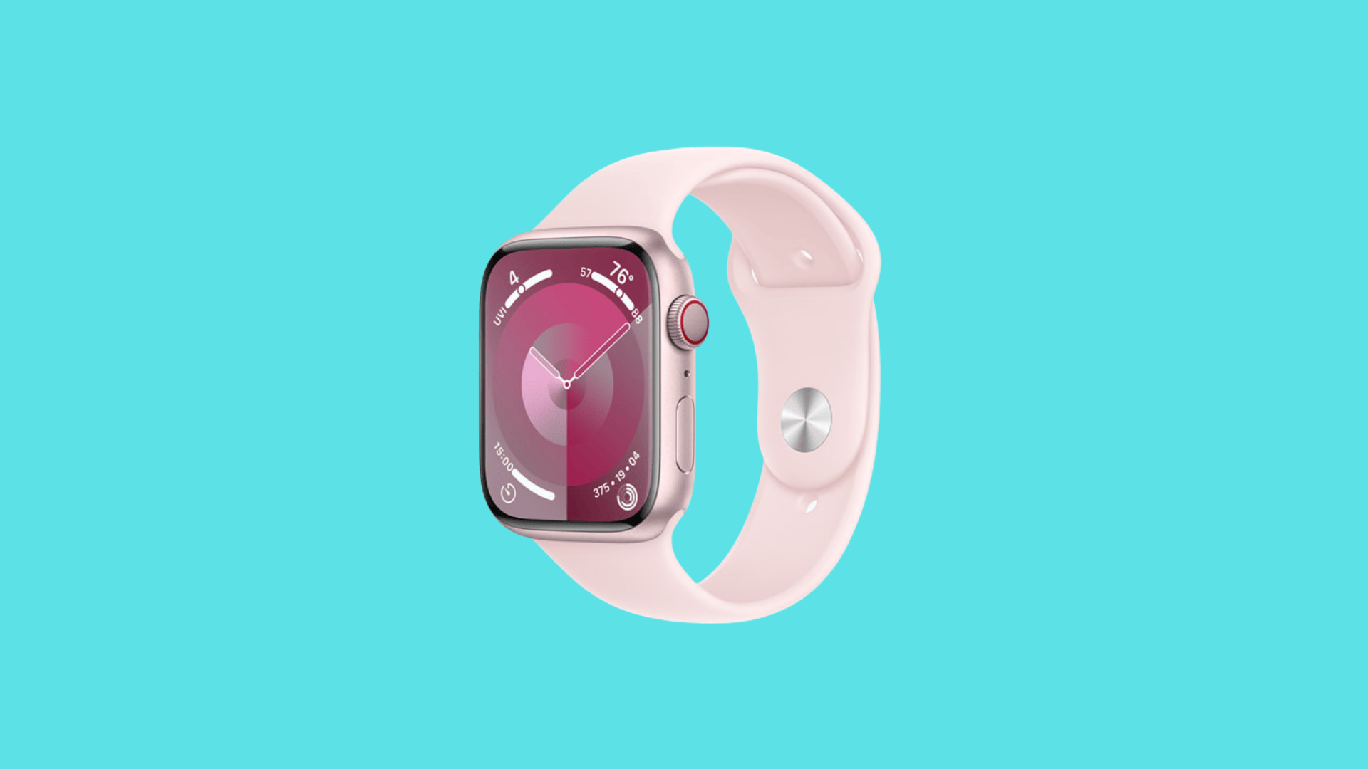 Apple Watch Series 9 pink aluminum with sport band displaying colorful watch face and fitness metrics
