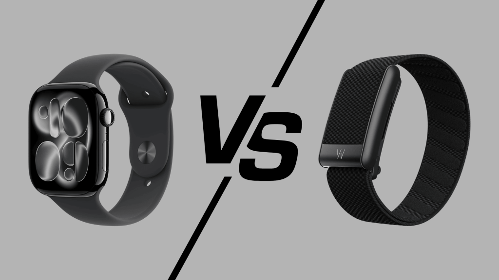 Apple Watch vs Whoop band comparison image showing smartwatch features versus screenless fitness tracker design