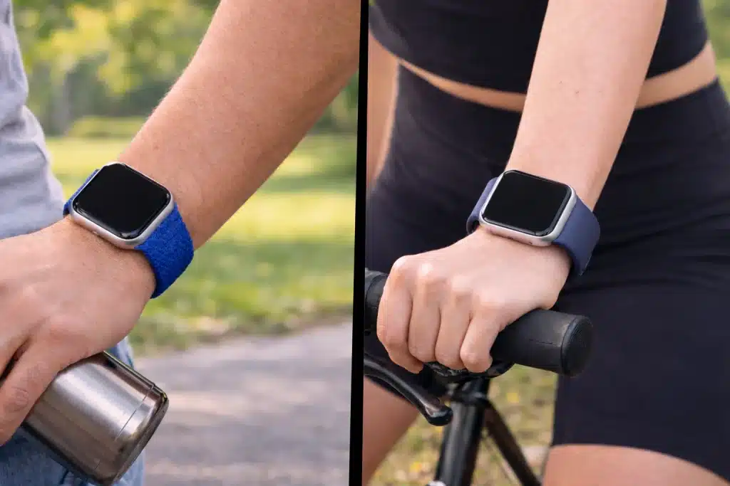 Apple Watch with braided solo loop and sport band worn during outdoor fitness activities