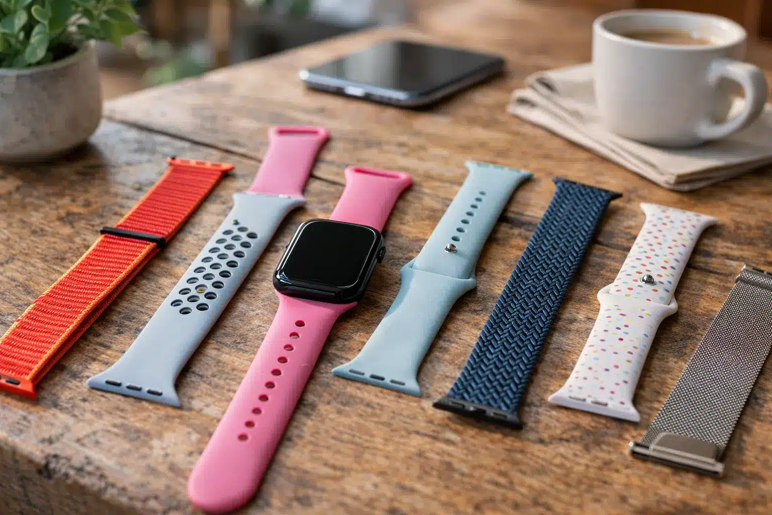 Apple Watch with multiple solo loop and sport band options arranged on wooden table