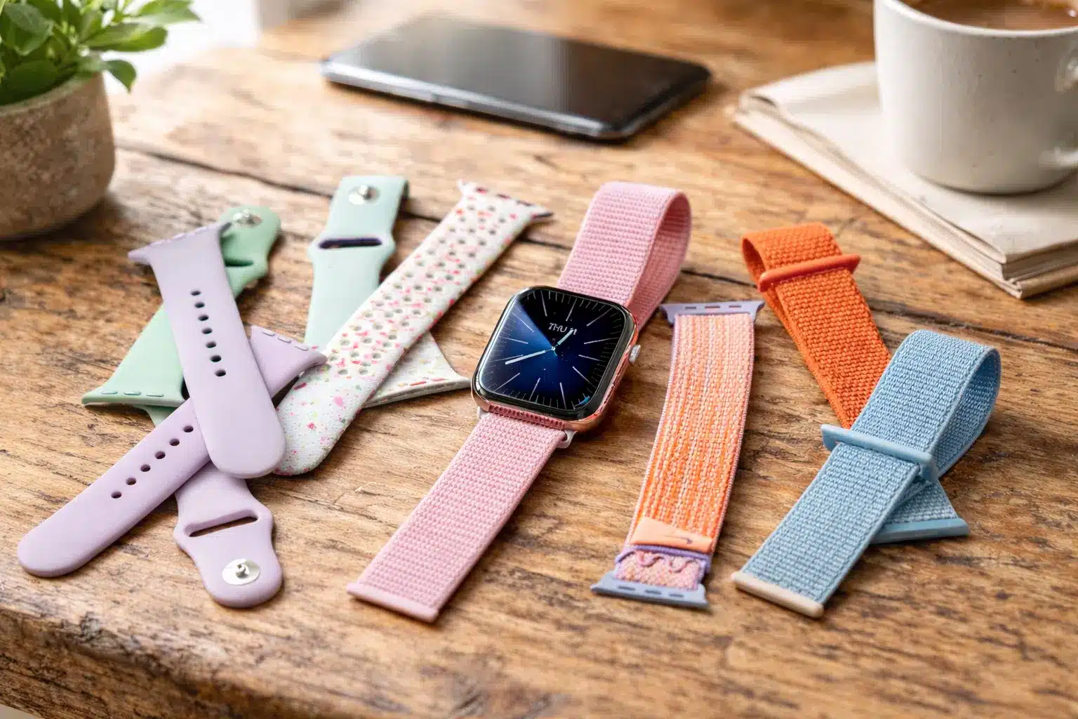 Apple Watch with sport loop attached and multiple sport band and sport loop options on table