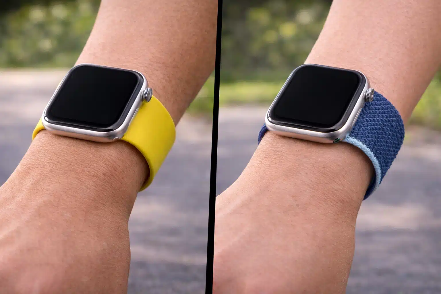 Apple Watch with yellow sport band and blue braided solo loop worn on wrists outdoors