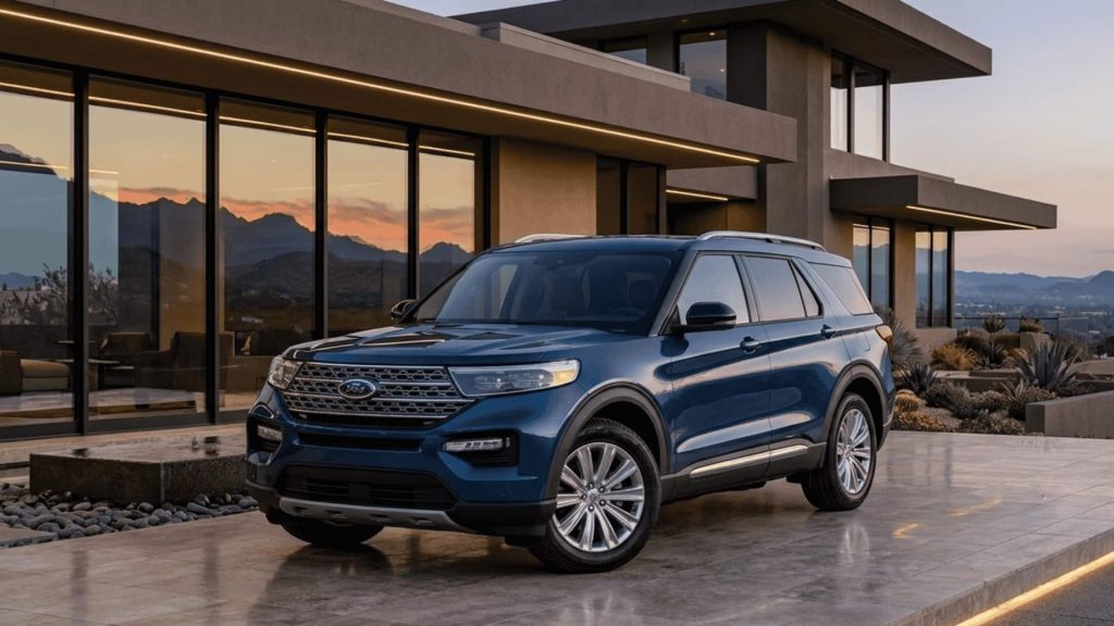 Blue Ford Explorer King Ranch SUV parked at a modern luxury house