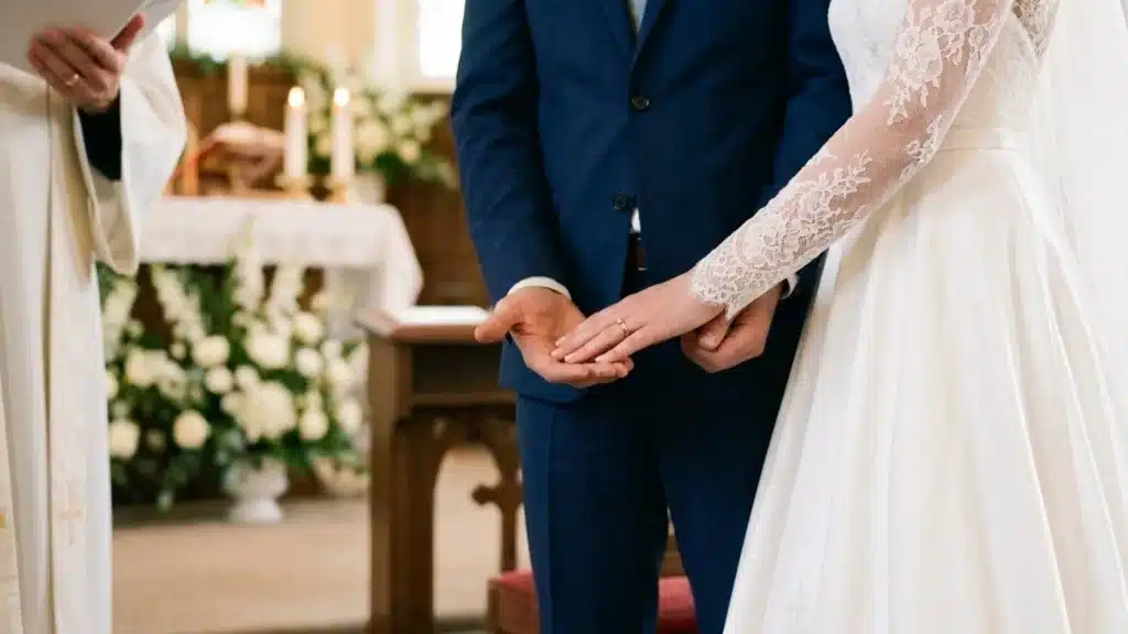 Bride and groom holding hands during a church wedding ceremony while a priest officiates near the altar