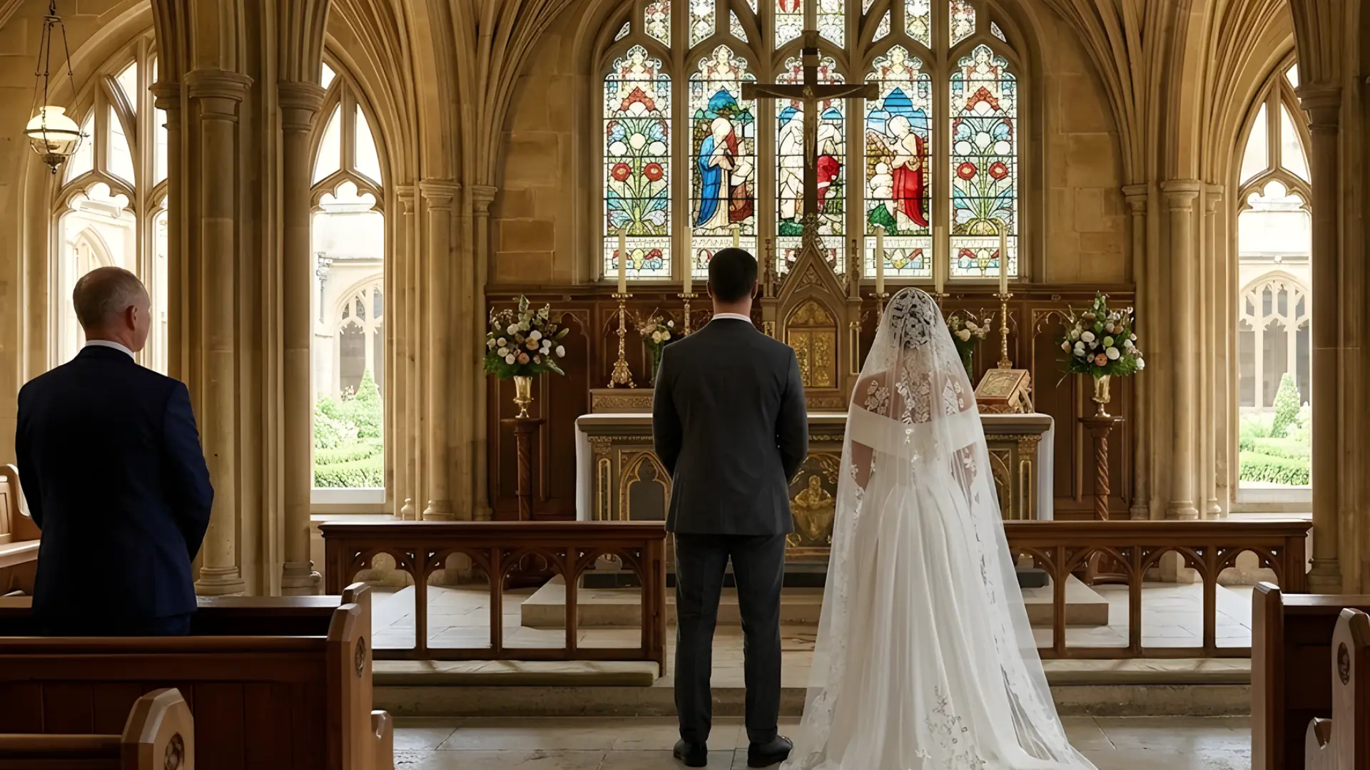 Bride and groom standing at church altar during wedding ceremony with stained glass windows in background