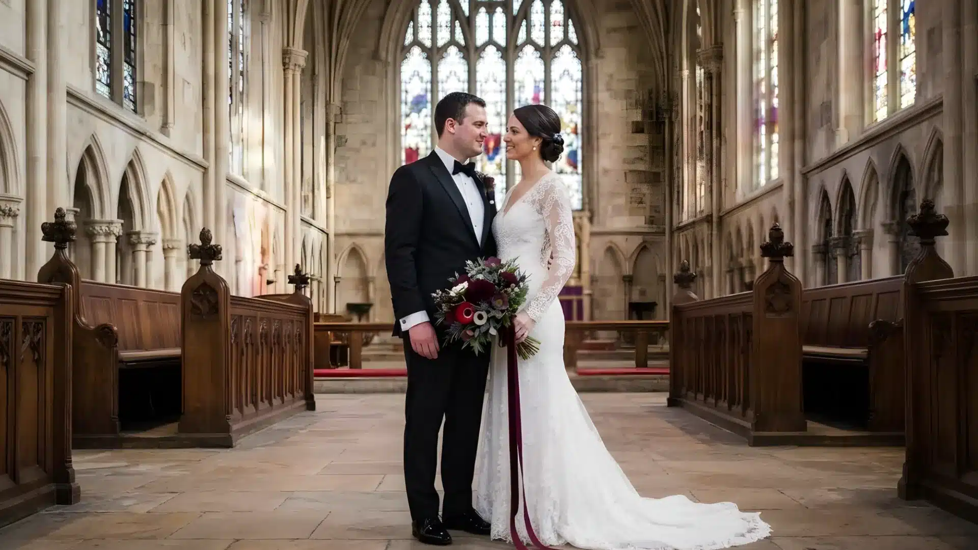 Bride and groom standing together inside a church during a wedding ceremony, surrounded by glass windows and wooden pews