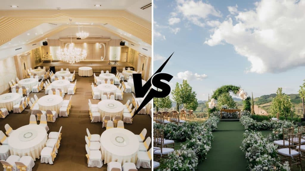 Comparison of a traditional indoor event hall and an outdoor event venue