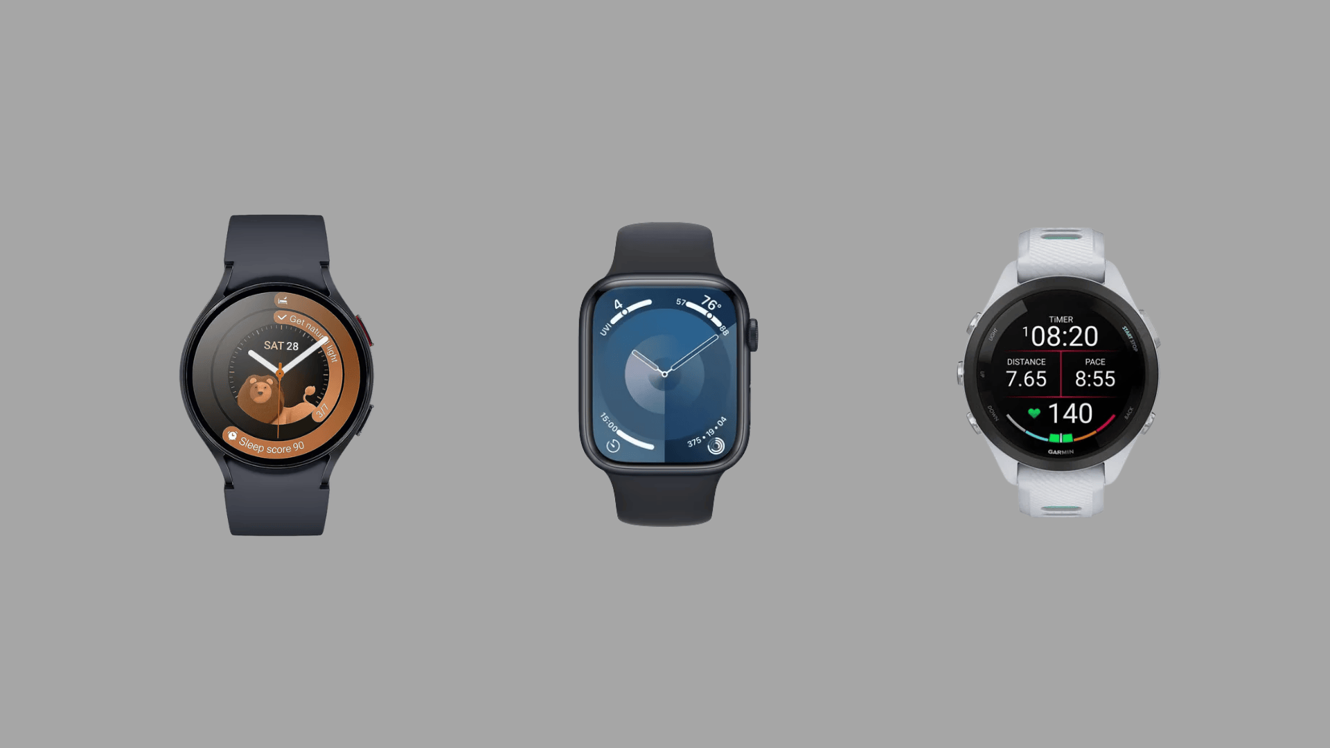 Comparison of three smartwatches including Garmin Venu 3, Apple Watch, and fitness watch showing different display interfaces