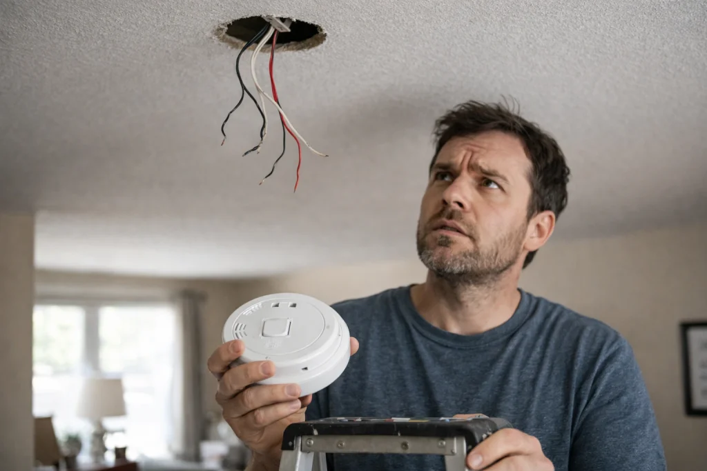Confused man with smoke detector