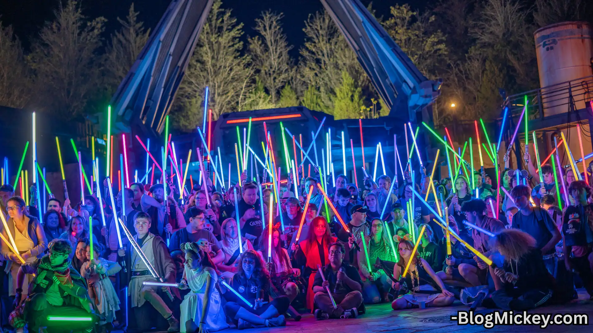 Crowd holding colorful lightsabers at night event, fans gathered outdoors with glowing sticks and vibrant lighting setup