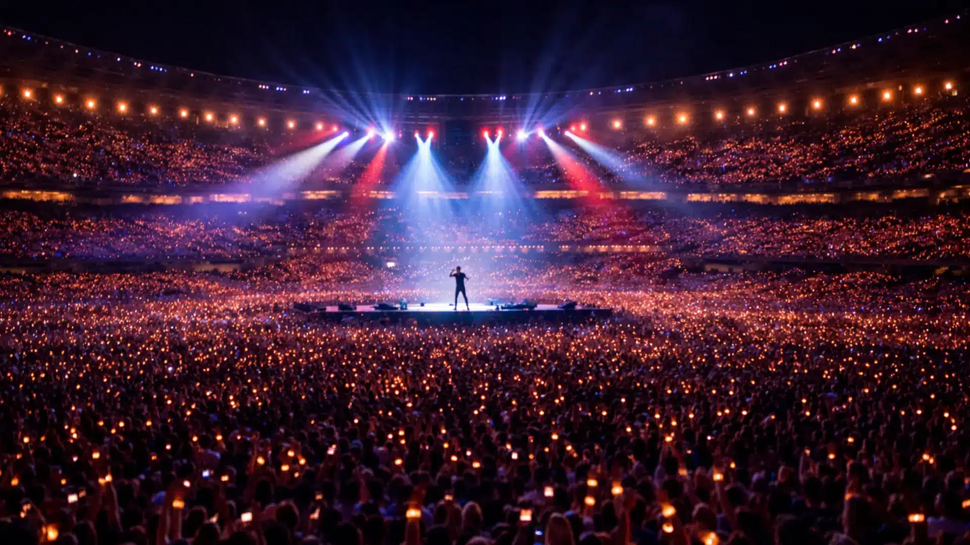 Crowded stadium during one of the with singer on stage under red and blue spotlights