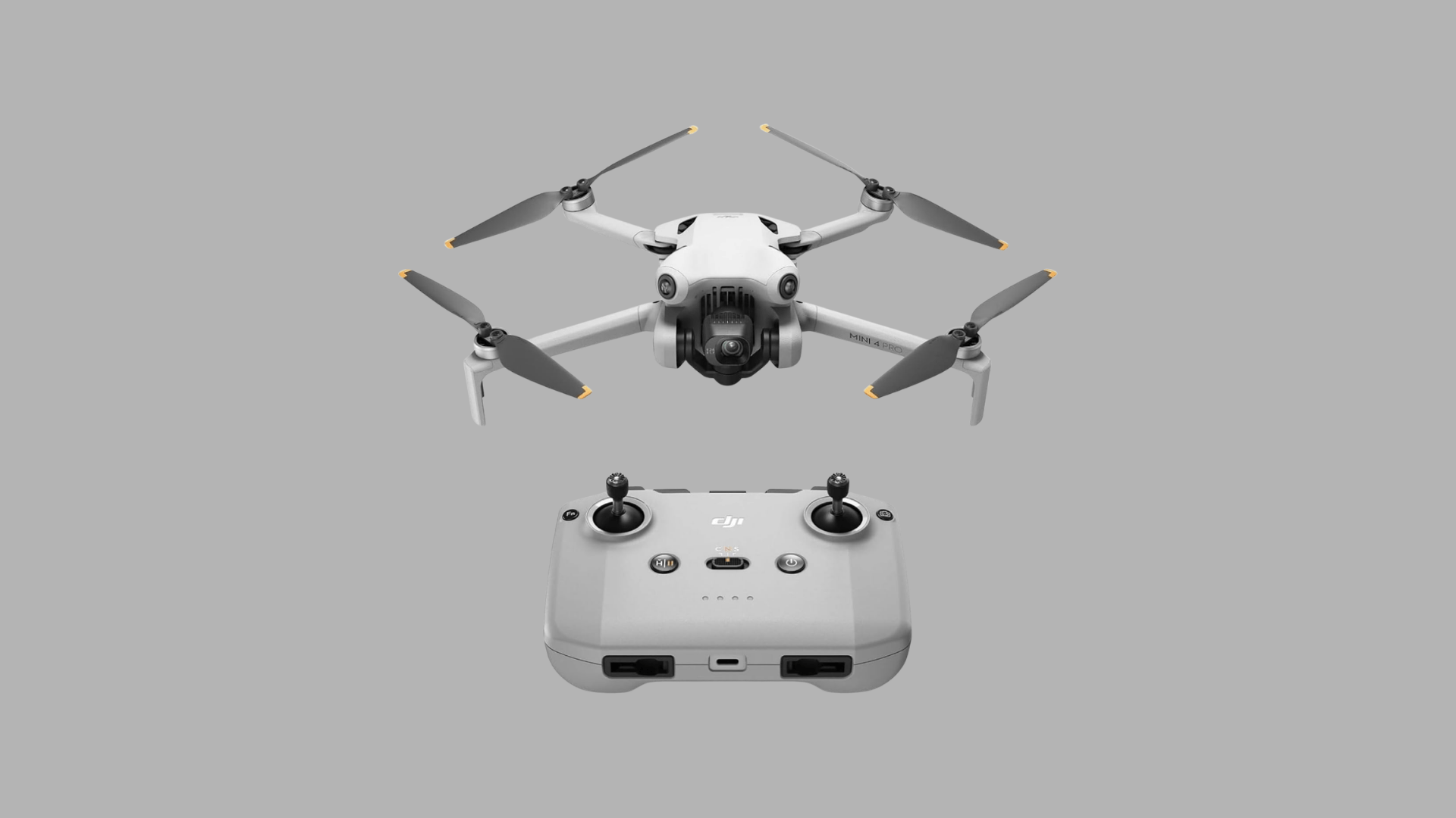 DJI Mini 4 Pro drone with remote controller shown together on a gray background, front view setup