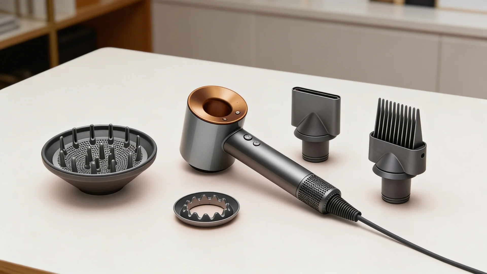 Dyson Supersonic hair dryer with styling attachments laid out on a white table in a bright room