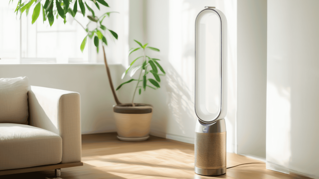 Dyson air purifier placed in a modern living room with sunlight and indoor plants