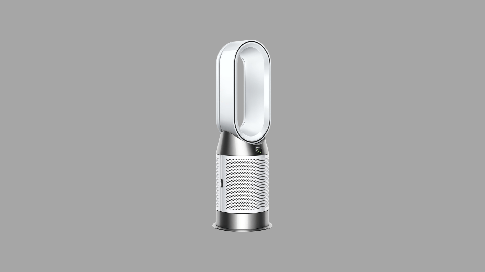 Dyson air purifier with bladeless oval loop, HEPA filter base, and modern silver and white tower design