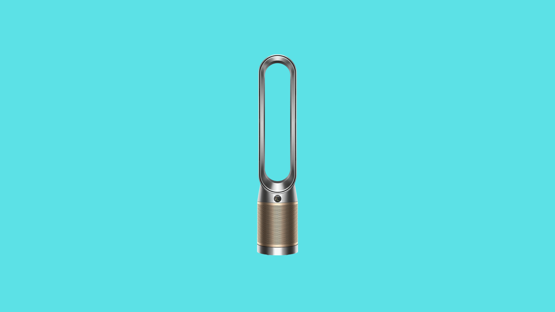 Dyson air purifier with bladeless oval loop, HEPA filter base, and premium gold and silver finish