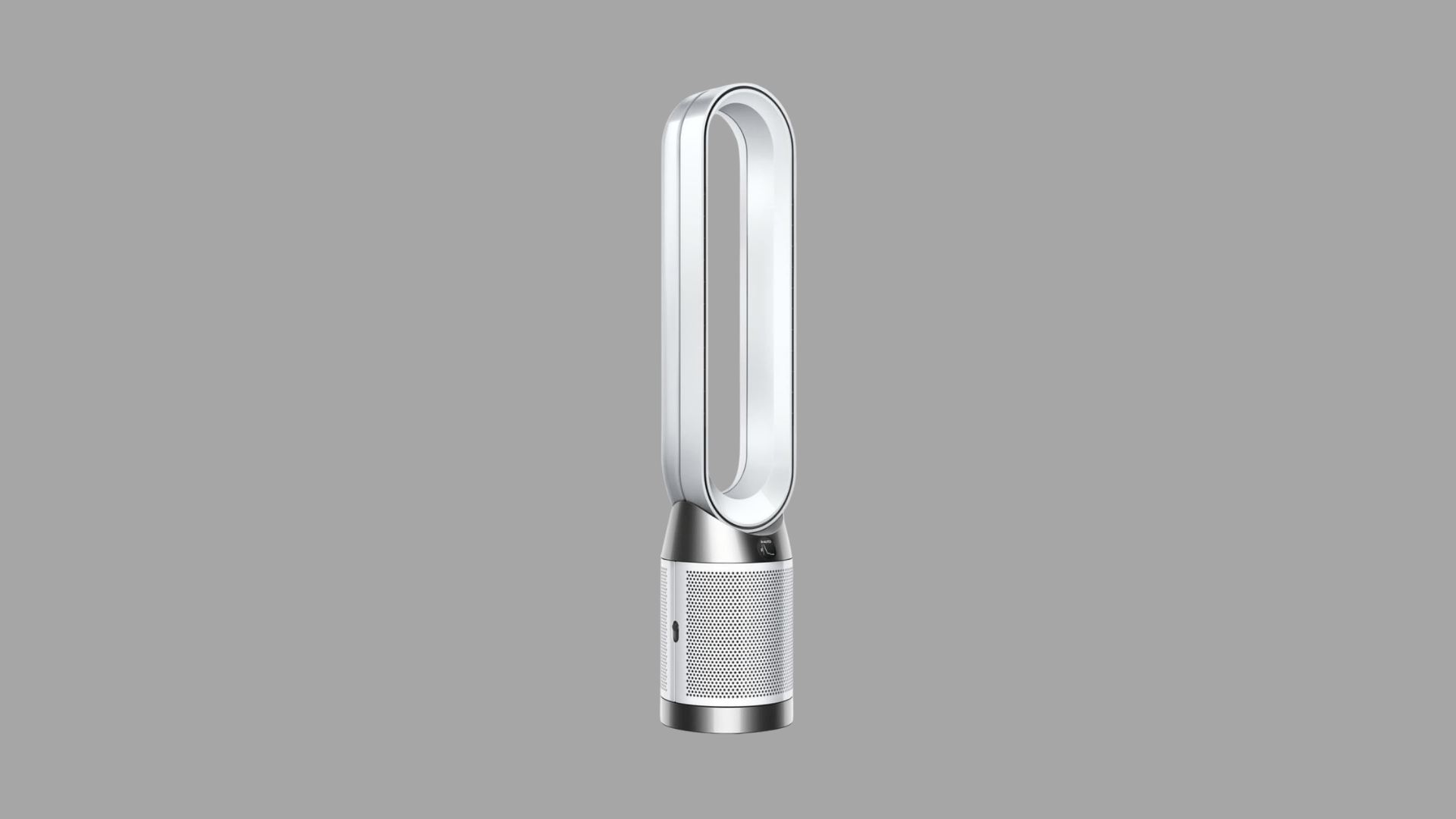 Dyson air purifier with bladeless oval loop, HEPA filter base, silver finish, and compact tower design