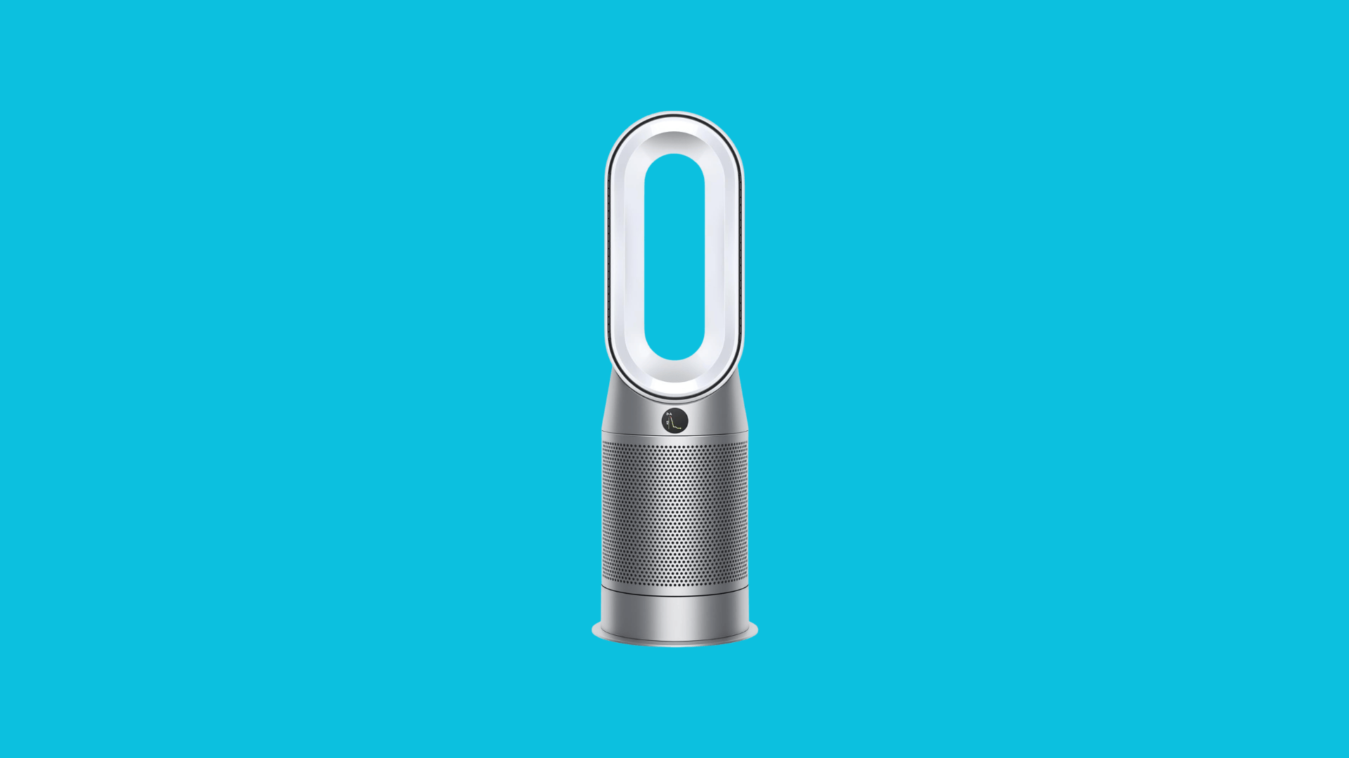 Dyson air purifier with bladeless oval loop design, HEPA filter base, and sleek silver finish